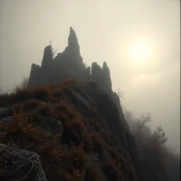 Close-up Ilford photograph of a creepy surreal landscape, rocky spur, eerie, no style, steep, autumn vegetation, very surreal, spooky, metaphysical objects, giant sun, intricate, thoughtful, appalling, deep 3d field, 8k, hypermaximalist, lot of fog