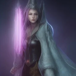 A beautiful portrait female warlock long hood cloak purple, fighting dark evil monster from hell in magic world, 8 k, trending on artstation by tooth wu ” digital art by Eugene de Blaas and Ross Tran, vibrant color scheme, highly detailed, in the style of romanticism, cinematic, artstation best quality, realistic lighting, masterpiece portrait, details light dusting , cowboy shot from above, simple chain hauberk Vector art digital illustration 3D shading