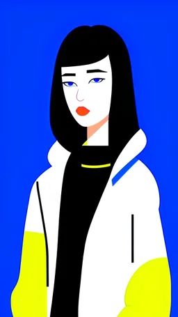 yellow, white and black color scheme, simple shape, abstract Memphis, one girl by flat illustration, portrait, white face, black hair, blue background, slender figure, exaggerated body proportions, fashion catwalk. look forward, facing the audience, --ar 9:16 --niji 5 --style expressive