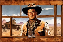 double exposure of young squinting transparent John Wayne as a gunslinger, hat, old west garb, movie poster art by Drew Struzan, detailed abandoned dusty old west town in the background, by Andreas_Lie, akihiko_yoshida, Dan_Mountford, Sergio_Leone, ambient lighting, grainy photo layering, ink splatter, ink drip, trending on artstation, double exposure, photo layering.