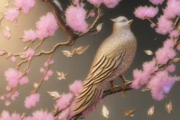 An image of a crystal bird covered in gold etching and diamonds, perched on a branch of cherry blossoms. The scene is illuminated by a soft, ethereal light, enhancing the intricate details and textures of the bird and the surroundings. The art style is detailed, realistic, and captures the magical essence of the scene, trending on ArtStation. The composition combines elements of classical elegance and modern fantasy, reminiscent of the masterful works elegant fantasy intricate high