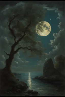 Night, tree leaves, moon, rocks, clouds, creepy gothic movies influence, ernest welvaert and hans am ende impressionism paintings