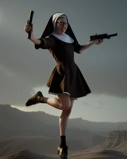 A nun in a short dress jumping with a gun