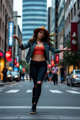 a full body teen ager girl pop dancing in modern city street, no safty hat