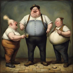 Weird obese stranger in suspenders and odd onion shaped pants engaged in some weird drinking game with anthropomorphic weirdlings, by Odd Nerdrum and Dan Mahurin and Desmond Morris, quirky, sinister, creepy, weirdcore