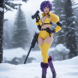high res cinematic photo by Hajime Yatate: Faye Valentine, clad in her iconic outfit (a yellow short and a yellow latex crop top), stands in the snow of Callisto with furry boots. She points her trusty gun. Amidst the icy winds and swirling snowflakes, Faye's violet hair is an 80s update of the flapper Bob, reflecting the cold beauty of the alien world.