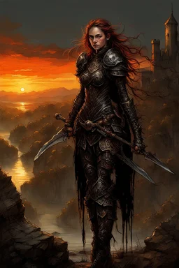 A formidable warrior girl in black armor, on the background Amazing gloomy landscape, flooded with sunset, mountains, trees, fabulous scary hero, , juicy emotions, painting, dark fantasy, gloomy day, dark world, portrait, Gothic Town At Night, Fantasy, Intricate Details, Castle Courtyard Gardens, Hyper Detailed, Jean Baptiste Monge, Carne Griffiths, Michael Garmash, Seb Mckinnon, Masterpiece