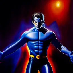 Ultra detailed fullbody Portrait in oil on canvas of X-Men Nightcrawler ,intense stare,extremely detailed digital painting, extremely detailed face,crystal clear Big eyes, mystical colors ,perfectly centered image, perfect composition, rim light, beautiful lighting,masterpiece,8k, stunning scene, raytracing, anatomically correct, in the style of robert e howard and Ken Kelley and Ohrai Noriyoshi and Simon Bisley and tomzj1