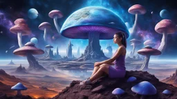 beautiful women sitting without bro meditating on blue, purple mushroom in space, city and space ships of the future at the back ground planets above hyper realistic.