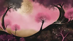 in the style of whimsical black Willow Tree gold and silver and pink, whimsical dreamscapes,mystic swirling smoke, shimmering light gold and dark pink, stencil art, celestial