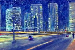 Night, futuristic buildings near trees, highway, people, sci-fi, realistic vision, impressionism painting