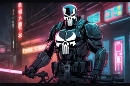 Punisher machine in 8k anime cyberpunk drawing style, samurai them, close picture, neon, intricate details, highly detailed, high details, detailed portrait, masterpiece,ultra detailed, ultra quality