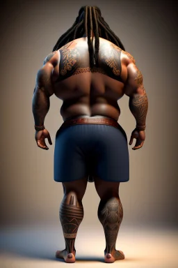 full body shot back view photography of a burly stocky giant gipsy lumberjack tattoed 55 years old , in italian restaurant, shirtless with swimwear, dreadlocks, long beard, emotive eyes, big shoulders, big fat ass, ambient occlusions, photorealistic