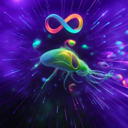 infinity symbol ∞ with vibrant powerful single plankton in water, striking, neon, chiaroscuro, dramatic, captivating, powerful, fantasy, beautiful, octane render, 16k post-production, artstation: award-winning: atmospheric: commanding: fantastical: clarity: ultra quality: striking: brilliance: stunning colors: amazing depth; lens: f/11, 35mm