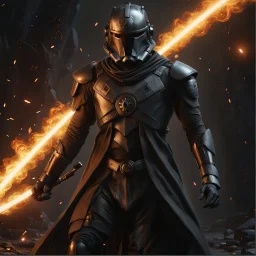 star wars bald male corellian pilot wearing pearlescent black and gunmetal grey First Order special forces heavy assault stealth commando armor and helmet with gold trim inside the jedi temple, hyperdetailed, dynamic lighting, hyperdetailed background, 8k resolution, volumetric lighting, light skin, fully symmetric details