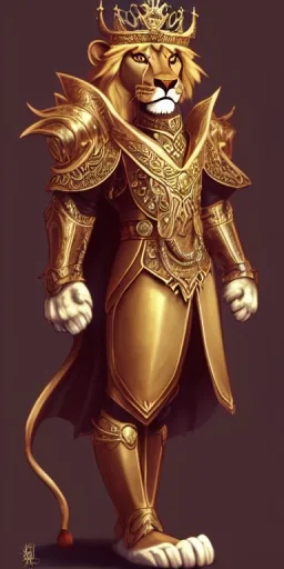 wide angle beautiful full body portrait of a strong male anthropomorphic lion fursona wearing ornate lion - themed magic fantasy armor and a crown. character design by disney, anime, manga, charlie bowater, ross tran, artgerm, and makoto shinkai, detailed, soft lighting, rendered in octane