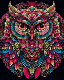 mandala style complex cute owl colorful page, vibrant color, clean black line, no break line, beautiful look, critical art, digital art, full page design, perfect composition, beautiful detailed intricate insanely detailed octane render trending on art station, photorealistic high resolution graphics, colorful and lighting, digital Art, color will be red, magenta gradient