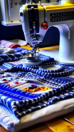 sewing aesthetics, blue, white, sewing machine, fabrics