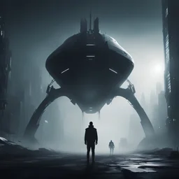 Ground level dark futuristic city scape. mist near the ground. silhouette of one man. he is standing next to a single seater spaceship