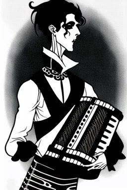 goth male necromancer with black hair playing a accordion in the style of Aubrey Beardsley