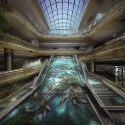 abandoned shopping mall, flooded, escalator, crumbling, ovetaken by nature, 8k resolution, 3D octane render, intricate, sharp, crisp, digital art, detailed matte, volumetric lighting George Grie, Anne Dittman, Anne Stokes, Lisa Parker, Selina French, greg rutowski