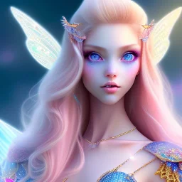  beautiful, soft, whide smile face,whole head, long blonde straight hair, blue eyes, fairy wings on the back, transparent crystal blue and pink clothes, background blue and pink, big definition, 8K