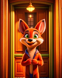 Cute small Fox waving at me and smiling greeting me in front of theater door ,unreal engine, cozy indoor lighting, artstation, detailed, digital painting,cinematic,character design by mark ryden and pixar and hayao miyazaki, unreal 5, daz, hyperrealistic, octane render