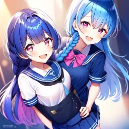 girl, masterpiece, best quality, volumetric lighting, detailed outfit, perfect eyes, long hair, blue hair, pink eyes, braided ponytail, school outfit, laughing,