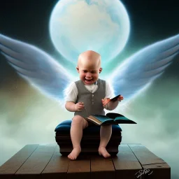 a happy human baby lawyer called tobias leander with no hair,halo, wings, drinking, sitting in chair, photo realistic spray painting, dark wood background, book cover illustration