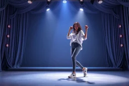 modern stage with gray-blue theme artistic decoration , color full dynamic lighting, a beautiful lady in pants and blouse with sport shoes dancing, 3D recursive fractal structure animating background