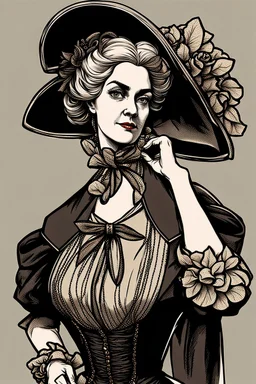 warm but stern aunty victorian era, posh british accent influenced, high born facial features dnd character on a solid black background, full body image, high quality realistic.