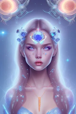 cosmic girl belle fine , yeux bleu, long cheveux etoilé cristaux sur le corps, collier dde grande princesse