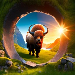 Nærøyfjorden Verdsarvpark, with centered closeup of an ancient bison,sun, in the style of pixar