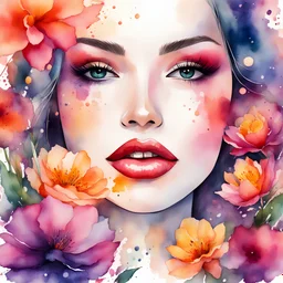 Transform your imagination into reality with a breathtaking image of a mesmerizing sunset drop, closed full lips, and a burst of vibrant flowers. Let the beauty of these elements blend together in perfect harmony, creating a sense of tranquility and artistry. watercolour illustration. conceptual art.