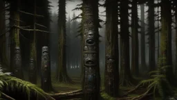 A black dark forest filled with Pacific Northwest totem poles painted by George Inness