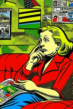 fat woman sitting on sofa READING NEWS PAPER listening to radio watching tv news in a room with signs of propaganda in the style of roy lichtenstein