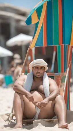 full figure shot photography of a serious ugly burly strong chubby marocan 35 years old, shirtless, sells colored pareos on a crowded beach, sitting on a beach chair, sunligh, photorealistic, 35mm lens, side light, ambient occlusion