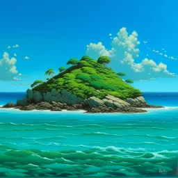 A turquoise island near a seaside painted by Frank Wilson