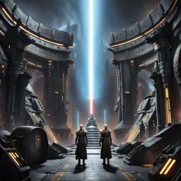 star wars bald male corellian jedi pilot wearing black and gunmetal grey old republic armored robes with gold trim, alone, battle-ready Jedi Master defending a ruined ancient city surrounded by golden light, centered head and shoulders portrait, hyperdetailed, dynamic lighting, hyperdetailed background, 8k resolution, volumetric lighting, light skin, fully symmetric details