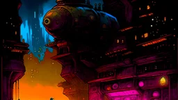 John Harris Style page, dark serious 1990s style, ((masterpiece, best quality)), (((solo))), full color, retro anime style, full color, dark serious 1980s steampunk cityscape, magic,