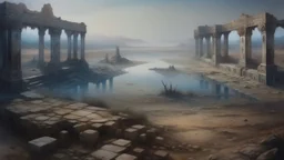 A hyper-realistic oil painting depicting a vast desert landscape shrouded in mist with multiple mirrors reflecting the crumbling ruins of an ancient Chinese dynasty, high detail, blurry, muted colors, long exposition motion blur