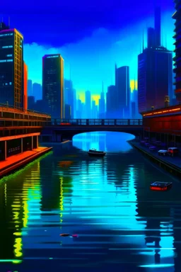 a large river in a modern city world, large buildings, cyberpunk style