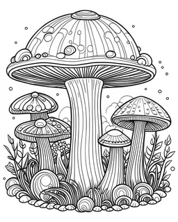 mushroom world minimalistic landscape. line art, background, vector, svg, coloring book page style, black outline on white background