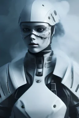 All Black female german soldier, ghost, wearing high tech mask, white smoke, dark, rage, sorrow, high definition, ultra 8 k, volumetric lighting, blue fire, fog