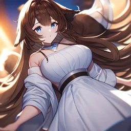 Clear focus, High resolution, Long fluffy brown hair, blue eyes, wearing a white skirt, detailed outfit, wearing a jacket oversized off shoulder, rough line, hair above ears, dog ears, off shoulder white shirt, chopped bangs