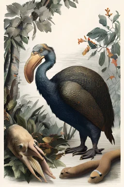 John James Audubon-like illustration of a fully uncropped Dodo bird and a Platypus in a landscape of warm yellows, warm reds, and warm blues