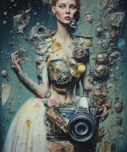 happy beautiful girl holding big proffesional camera in studio. street art, oil on canvas, spray paint, collage, letters, newspapeers, Dave McKean, Vladimir Fedotko, Saturno Butto, Vaughn Bodé, Frank Wu, James C. Christensen, collage, dirty, paint dripping, radiant