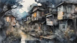 Detailed watercolor Illustration of a suburban cityscape : Delicate trees, clapboard houses, scattered gardens, moonlight: Carne Griffiths, Minjae Lee, Ana Paula Hoppe, Stylized Splash watercolor art, Intricate, Complex contrast, HDR, Sharp, Cinematic Volumetric lighting, dark muted colors, wide long shot