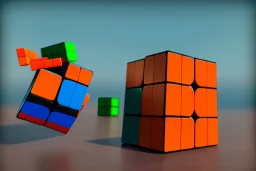 A single, tall Rubik cube skyscraper tower, Orange, white, blue, green