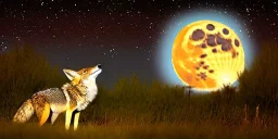 Coyote howling at the blue moon with stars